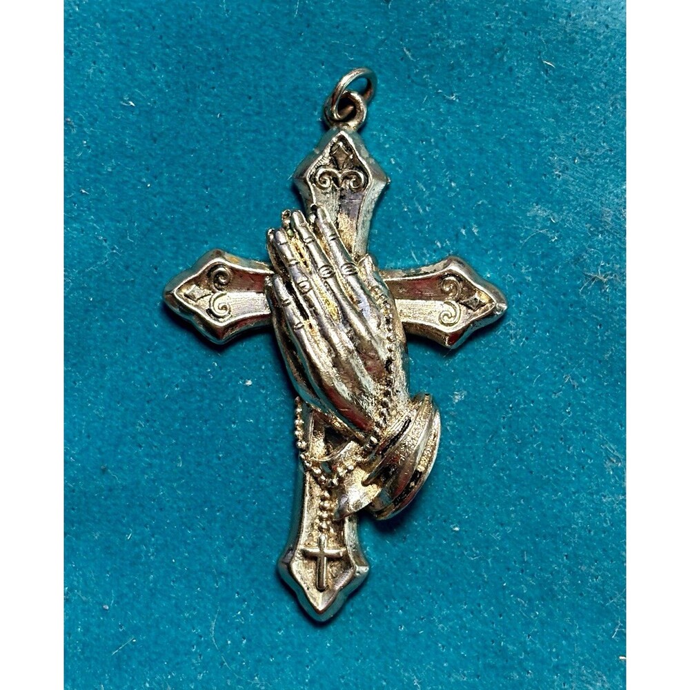Vntg. Silver Tone Praying Hands Cross Pendant Charm, Religious Jewelry’s